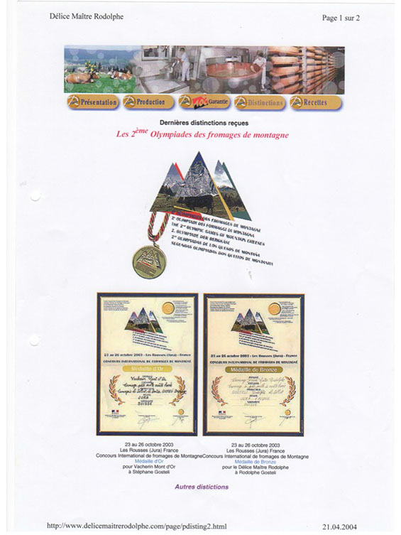 Le Solliat; Fromages; vacherin; raclette; fondue, tomme; Gruyère; Vallée de Joux; Le Sentier; Meule; Rodolphe Gostelli; Récompenses; Prix;